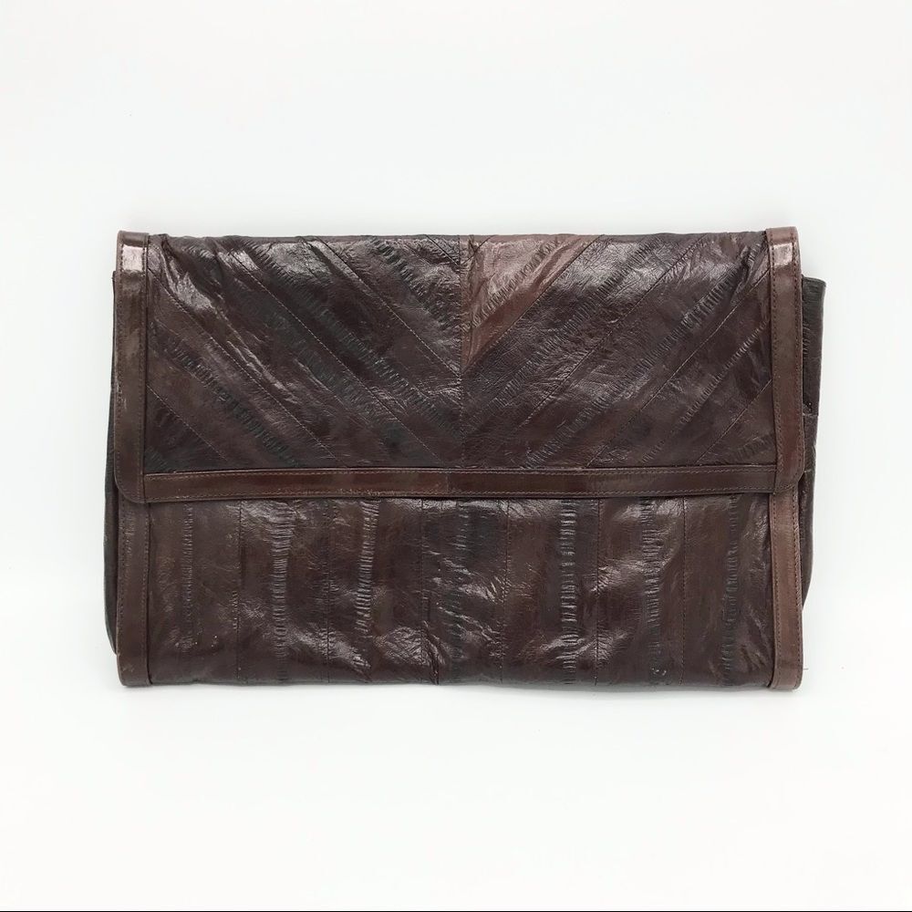Vintage Brown Eelskin Large Envelope Clutch 70s 80s Eel Skin